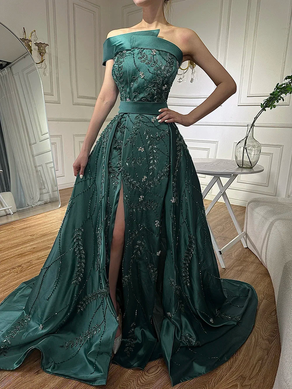 Zapdress Customized 2024 Green One-Shoulder Satin Evening Gown Beaded Dress with Overskirt and Split for Women (ZD17391)