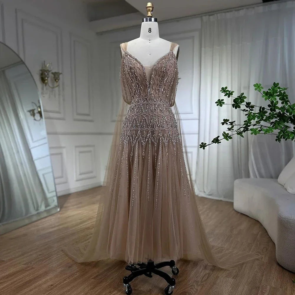 Serene Hill Customized 2025 Nude A-Line Midi Ankle Lengt Prom Dresses Glitter Beaded Evening Party Gowns for Women DLA71911