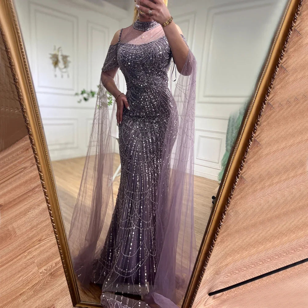 Zapdress Dubai Purple Mermaid Cape Sleeves Beaded Long Evening Dress 2025 For Formal Occasion DLA71992 Customized (ZD17372)