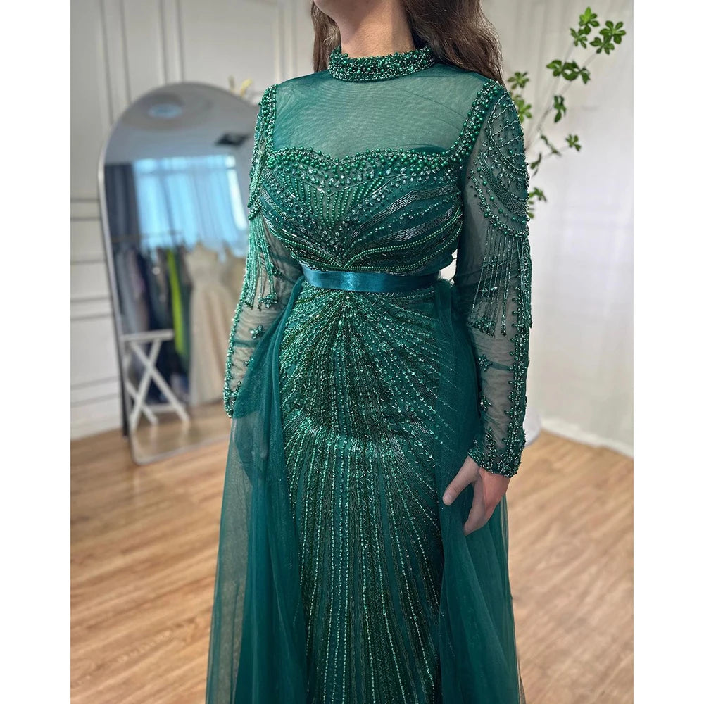 Zapdress Customized Nude Long Sleeves Beaded Mermaid Dubai Evening Dresses 2025 Muslim Party Gowns for Veiled Women (ZD17327)
