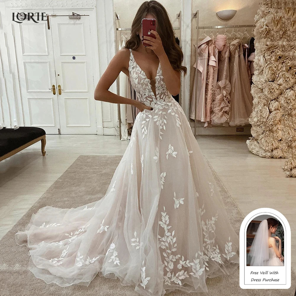 LORIE Boho Lace Elegant Wedding Dresses Low-Cut V-Neck Applique Bride Gowns Princess Spaghetti Strap Bridal Gown PartyCustomized