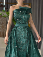Zapdress Customized 2024 Green One-Shoulder Satin Evening Gown Beaded Dress with Overskirt and Split for Women (ZD17391)