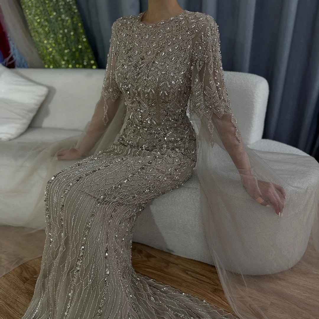 Zapdress Caramel Mermaid Beaded Evening Dresses with Cape Sleeve Elegant Party Gowns for Women DLA72775 Customized (ZD17375)