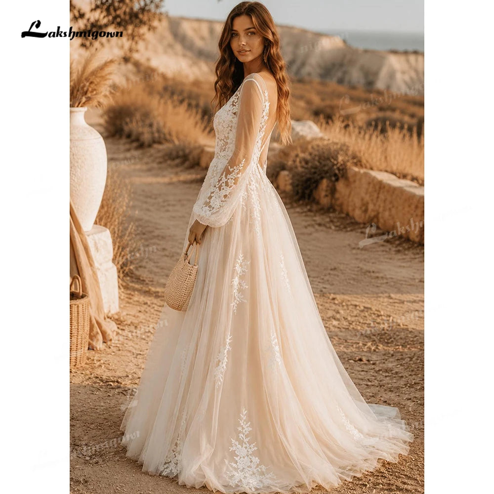 Romantic Puff Long Sleeve Boho Wedding Dress Low Open Back Tulle Bridal Gowns A Line Lace Applique Wedding Gowns Customized