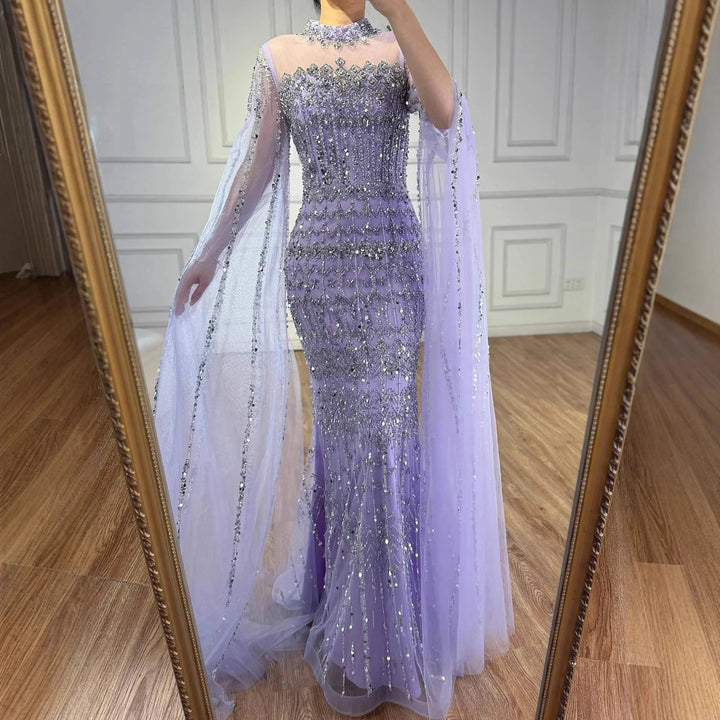 Serene Hill Dubai Blue Beaded Evening Dress with Cape Sleeves 2025 Formal Party Gowns for Women DLA72714A Customized