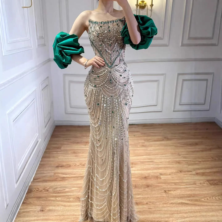 Luxury Beaded Evening Dresses with Elegant Puff Sleeves Pearl Beaded Adorned Design Zapdress DLA72903 Customized