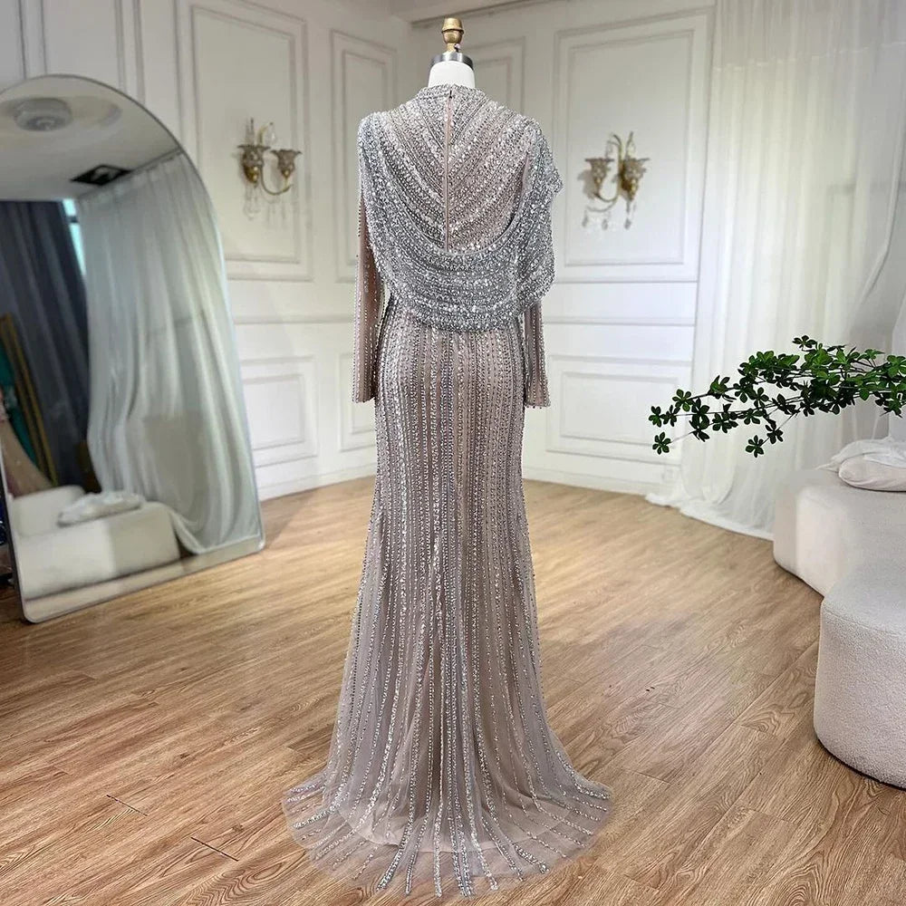 Zapdress 2025 Muslim-inspired Silver Nude Beaded Sparkle Elegant Mermaid Evening Dresses Gowns for Party DLA70752H Customized (ZD17353)