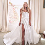 Popular Pleat Sweetheart A Line Wedding Dresses Side Slit  Vestido De Noiva Satin Appliqued Women Bridal Dresses Factory Custom