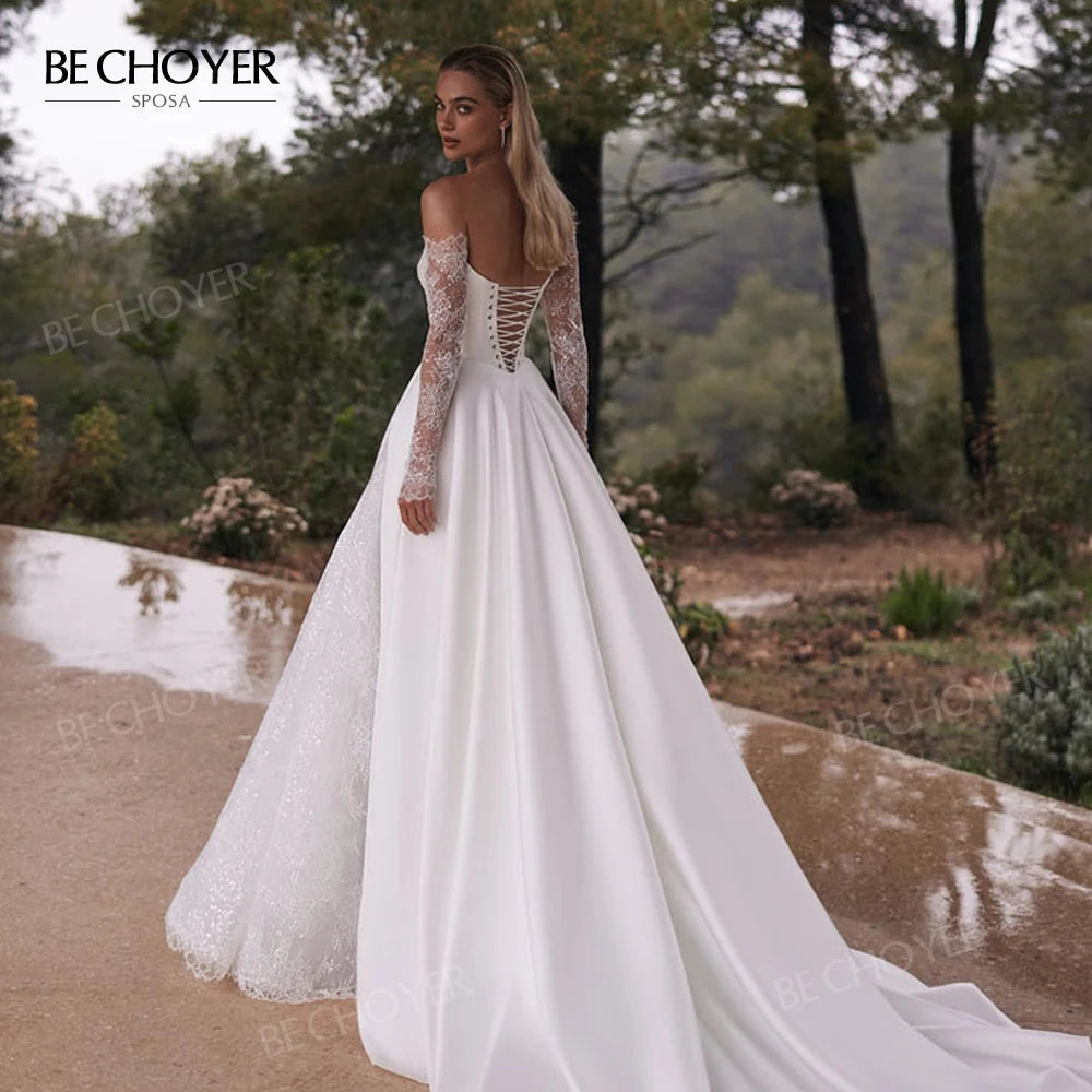Off the Shoulder A-Line Wedding Dress 2026 Appliques Long Sleeve Customized Bride Gown Princess BECHOYER EL350 Vestido De Noiva