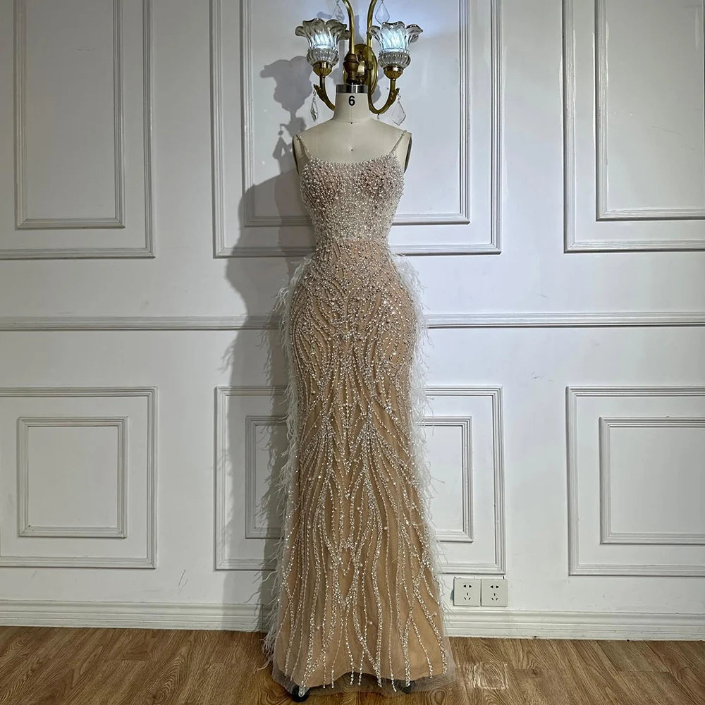 Zapdress White Nude Spaghetti Strap Feathers Beaded Mermaid Evening Dress Party Gown for Women DLA72823 Customized (ZD17377)