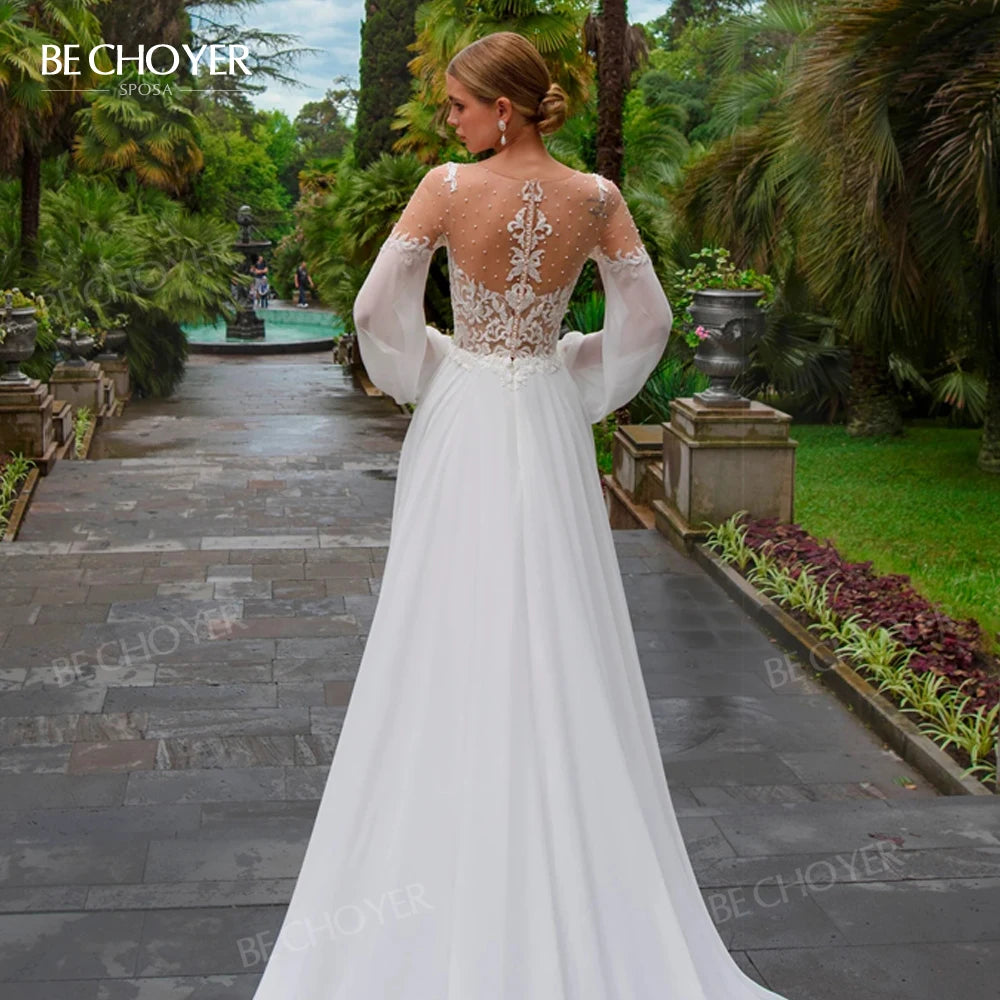 Wedding Dress Long Sleeve A-Line Appliques Beaded Bride Gown Beach Princess BECHOYER HB78 Plus Size Customized Vestido de Noiva