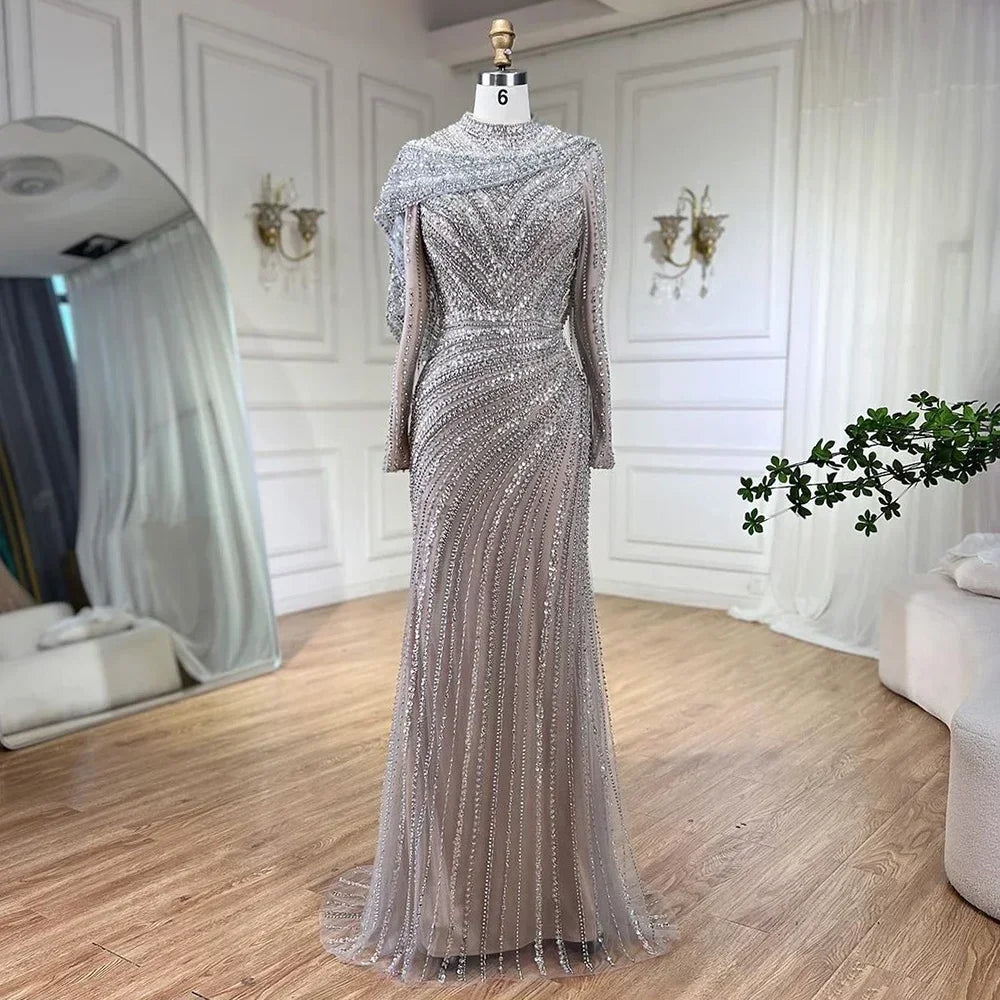 Zapdress 2025 Muslim-inspired Silver Nude Beaded Sparkle Elegant Mermaid Evening Dresses Gowns for Party DLA70752H Customized (ZD17353)