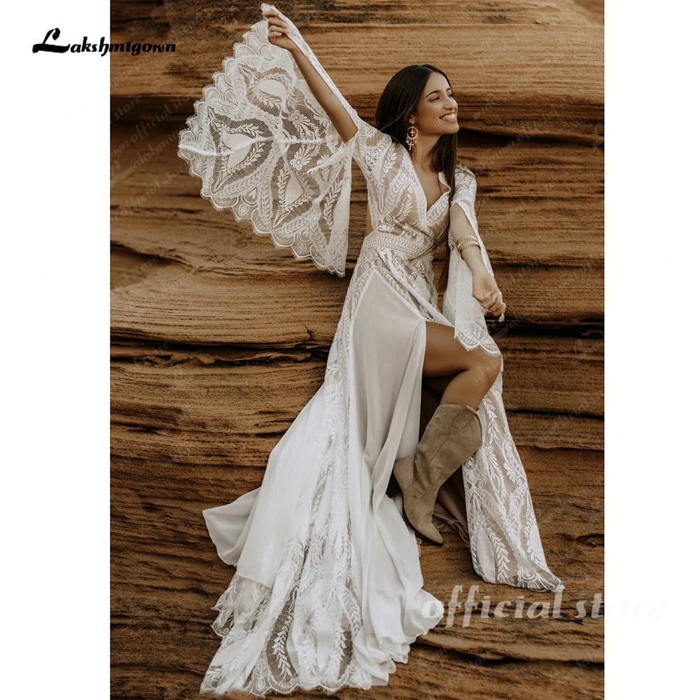 Lakshmigown Bohemian Wedding Dress Split V-Neck Customized Bell Sleeve Backless A-line Chiffon Lace Bridal Wedding Dress