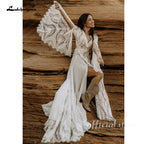Lakshmigown Bohemian Wedding Dress Split V-Neck Customized Bell Sleeve Backless A-line Chiffon Lace Bridal Wedding Dress