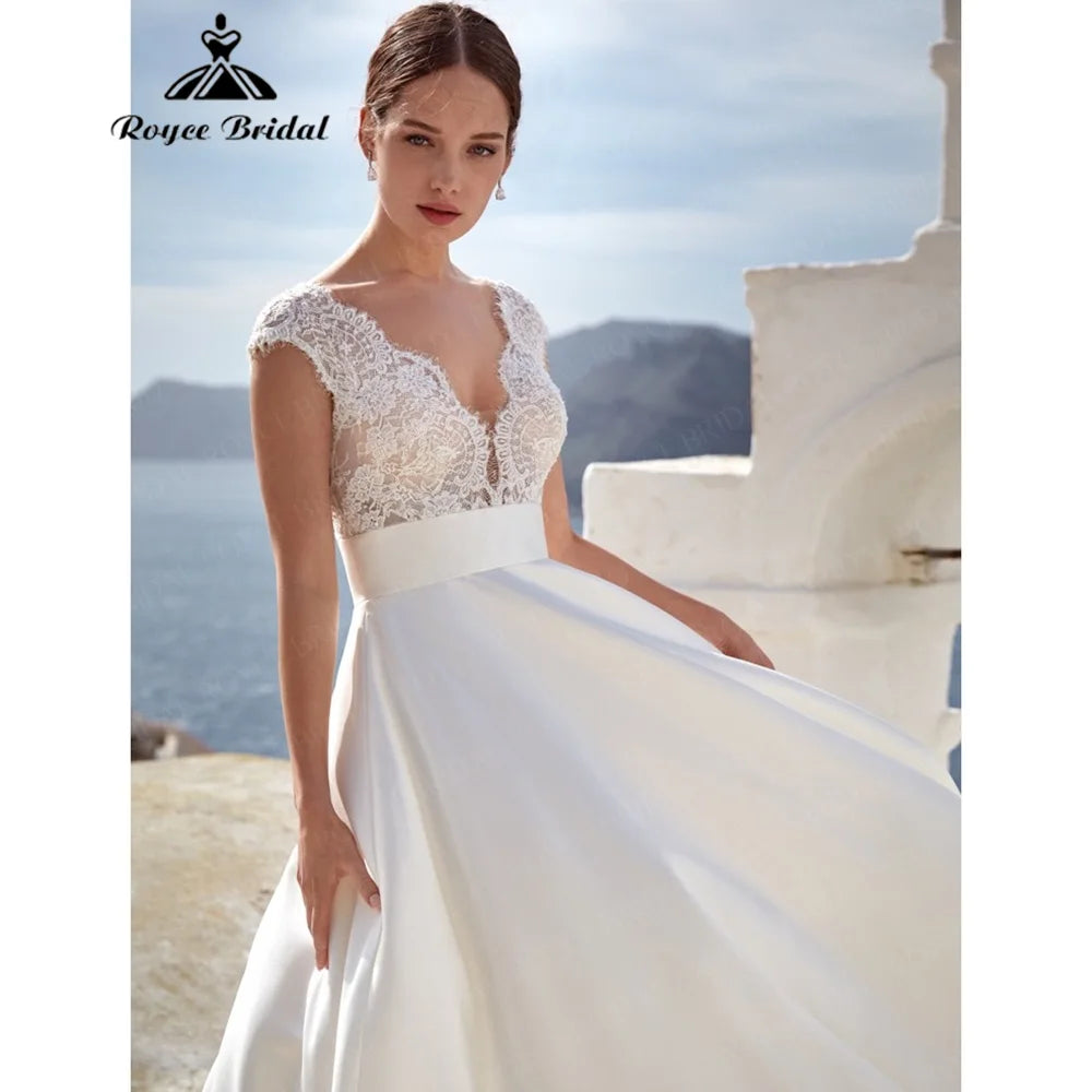 Roycebridal Ballgown Wedding Dress V-Neck Lace Cap Sleeve 2026 novias vestidos Illusion Bridal Gowns Chapel Train Customized