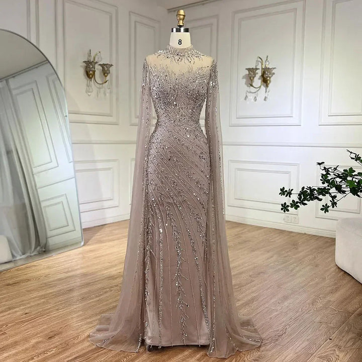 Serene Hill Customized Caramel Mermaid Beaded Cape Sleeves Evening Dresses 2024 Dubai Party Gowns for Women Wedding DLA71885A