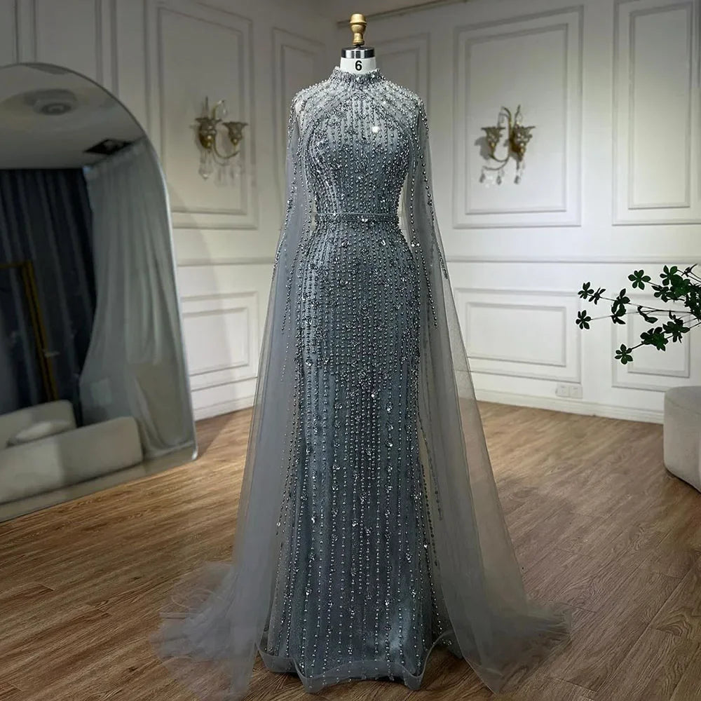 Dubai Grey Mermaid Cape Sleeves Pearls Beaded Elegant Evening Dresses Gowns 2025 Wedding Party DLA72372 Customized (ZD17362)
