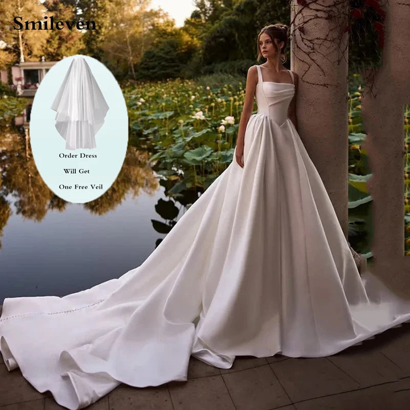 Smileven Spaghetti Strap Satin Wedding Dress A Line Bride Gown Boat Neck Princess Vestido De Novia Wedding Gowns Customized