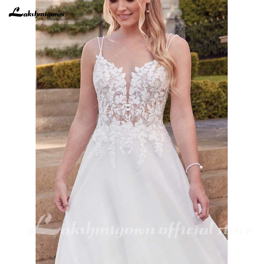 ZapDress Vintage Wedding Dresses for Bride Spathetti Straps V-neck Illusion Lace Appliques Robe De Mariee Customized