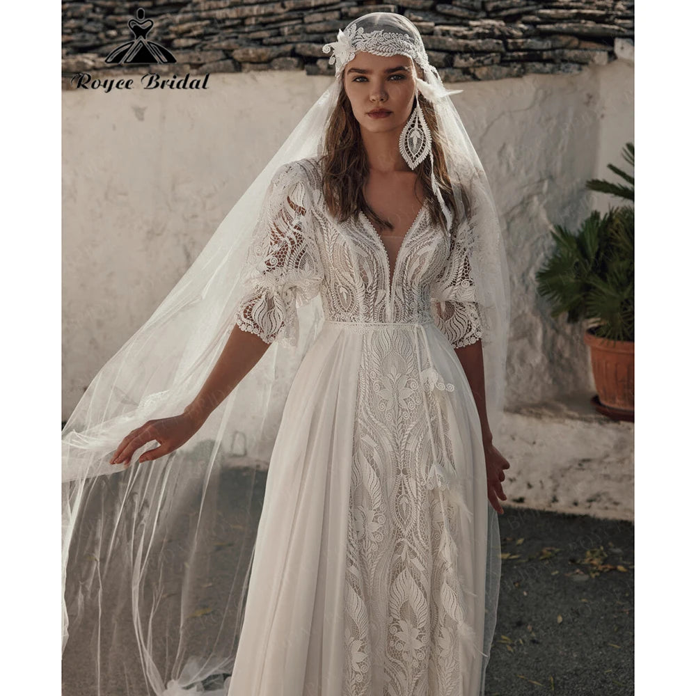 Roycebridal Bohemian Lace & Chiffon A-Line Wedding Dress Puff Sleeves Pockets Bridal Gown Vestido De Novia Boda 2026 Customized