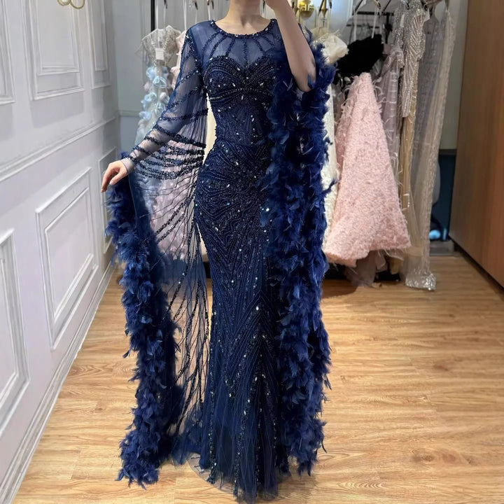 Serene Hill Pink Luxury Beaded Mermaid Evening Dress Gowns with Feathers for Formal Occasion Customized DLA72708A