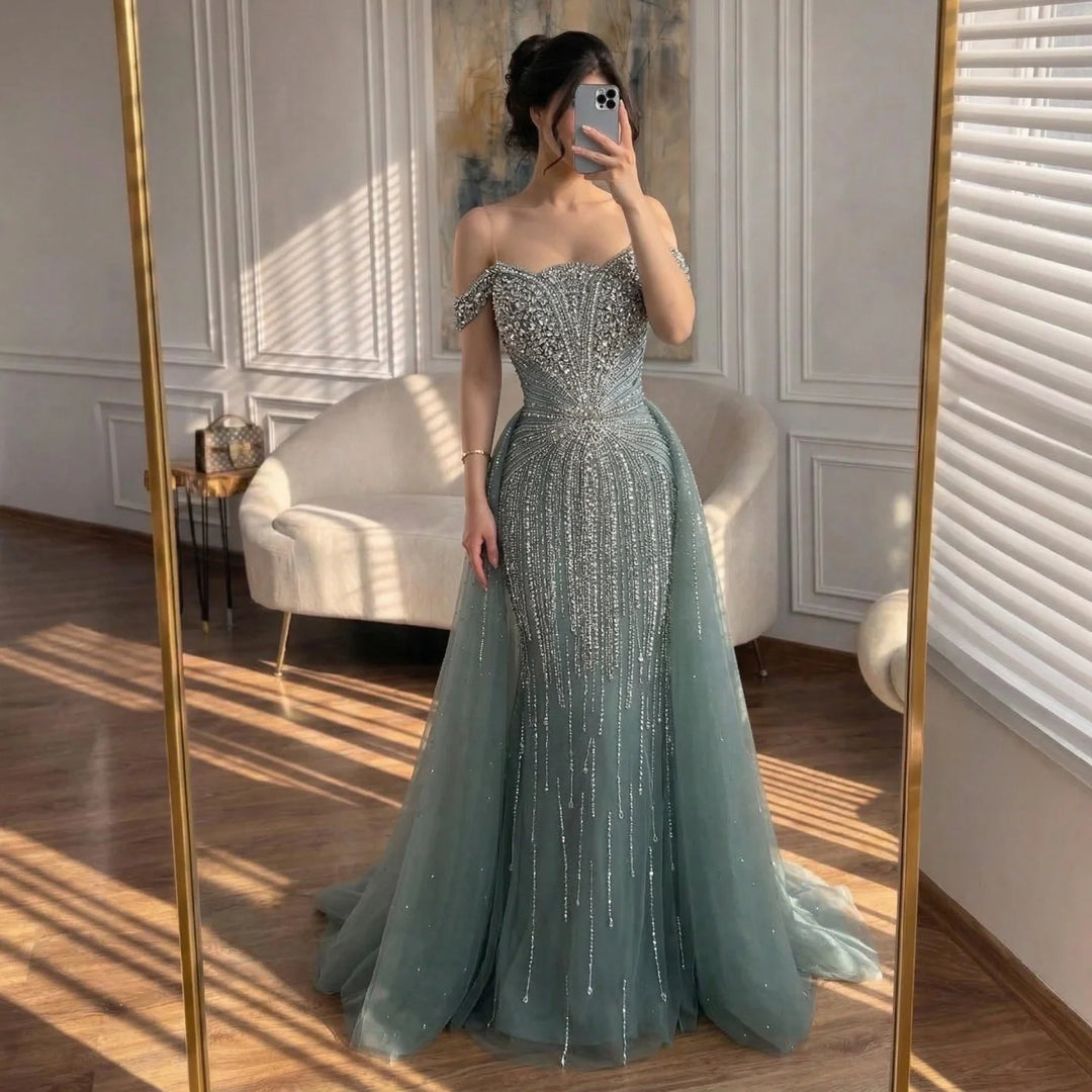 Serene Hill Green Mermaid Beaded Evening Party Gown 2026 Elegant Off-Shoulder Runway Dress with Overskirt Customized DLA73392