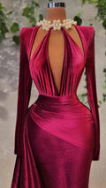 Elegant deep red velvet evening dress with long sleeves and pearl choker on mannequin at ZAPDRESS