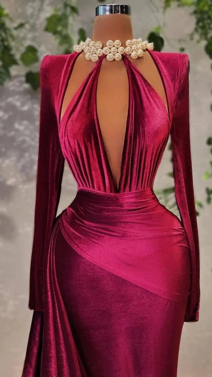 Elegant deep red velvet evening dress with long sleeves and pearl necklace, ZAPDRESS