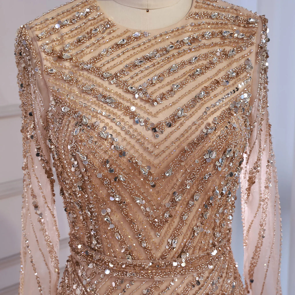 Zapdress Nude Crew Neck A-line Long Sleeves Evening Dress Beaded Wedding Party Gowns for Women 2026 Customized (ZD17382)
