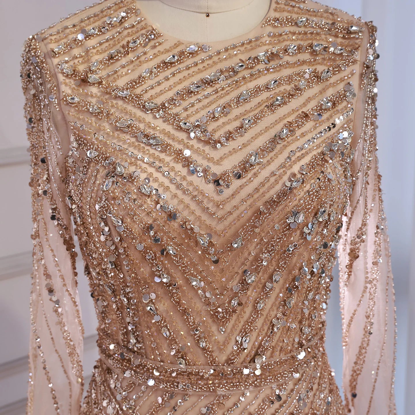 Zapdress Nude Crew Neck A-line Long Sleeves Evening Dress Beaded Wedding Party Gowns for Women 2026 Customized (ZD17382)