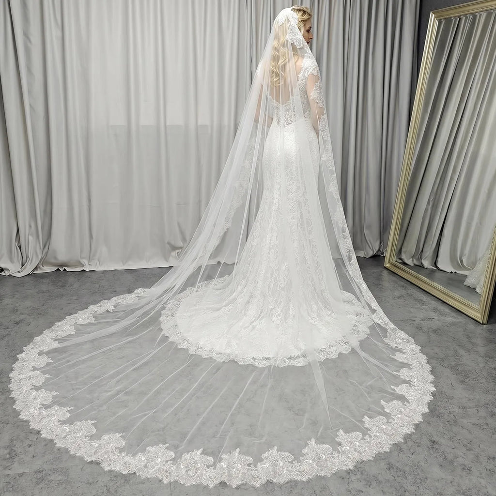 Customized Long Mantilla Veil with Eyelash Lace, 2.5m/3m Ivory Veil with Hidden Comb, Chantilly Eyelash Lace Wedding Veil