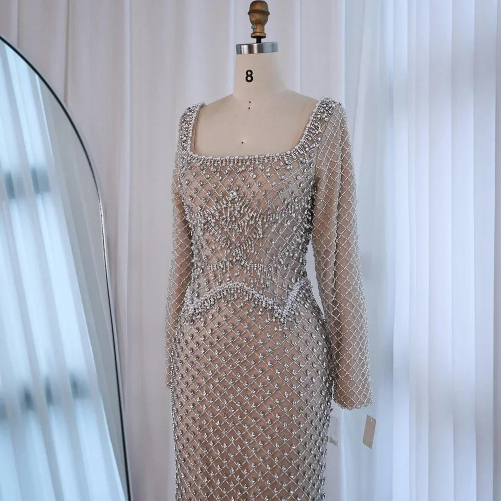 Elegant Beaded Pearl Mermaid Evening Dress with Long Sleeves for Wedding Occasion Zapdress 2025 Customized DLA72919A