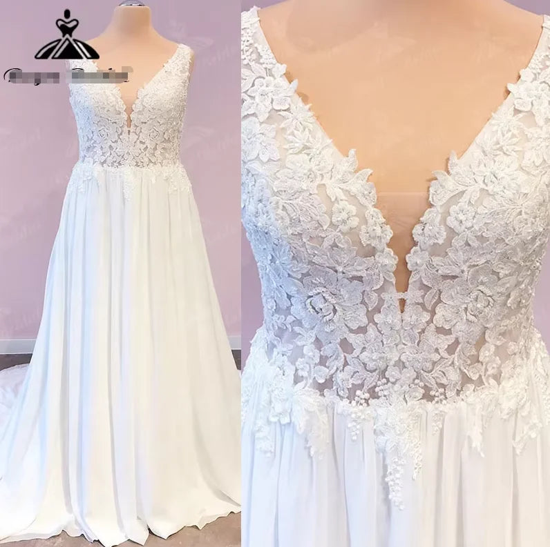 ZapDress Plus Size Wedding Dress A Line V Neck Tank Lace Appliques Chiffon Wedding Party Gowns Bride Gown Customized