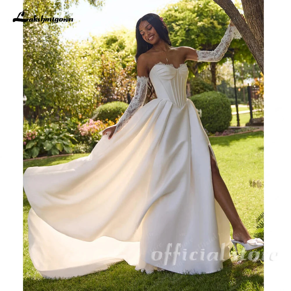ZapDress A Line Satin Wedding Dress 2026 New Off the Shoulder Lace Long Sleeves Wedding Gown Corset Bridal Dress Customized