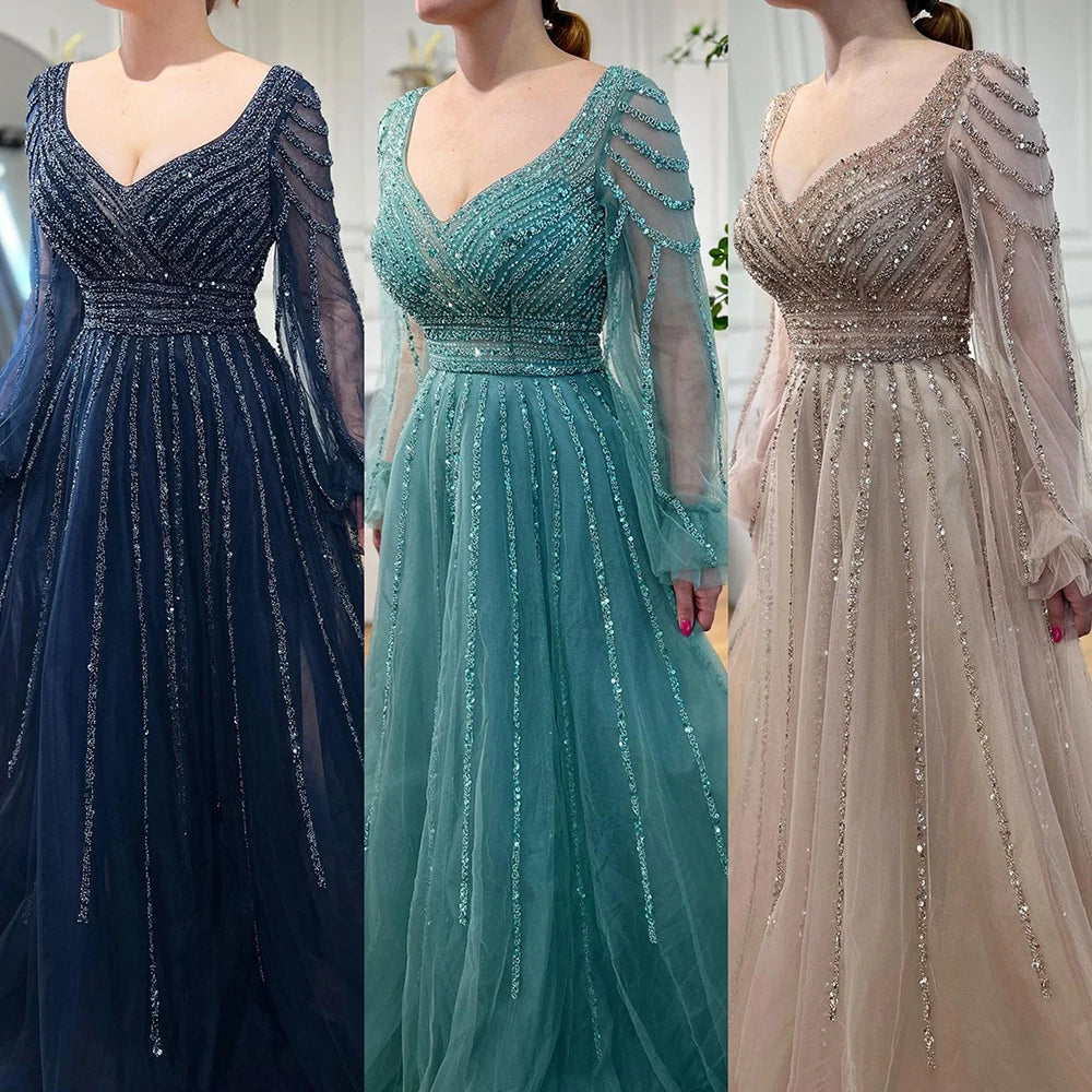 Zapdress Customized Navy Long Sleeves A-Line Beaded Arabic Evening Dresses Gowns 2024 For Women Wedding Party (ZD17328)