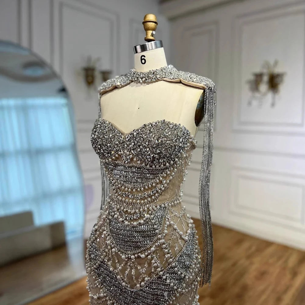 Zapdress Nude Strapless Mermaid Pearls Beaded Evening Gowns Luxury Party Dress with Tassel DLA72876 Customized (ZD17335)
