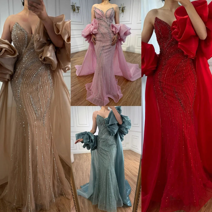 Serene Hill Pink Strapless Mermaid Beaded Evening Dresses with Cape Elegant Party Gowns for Women Customized DLA72896