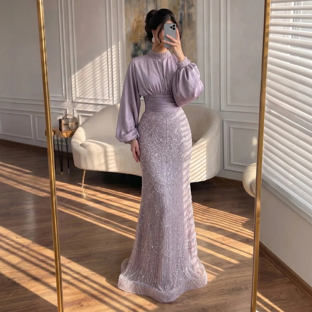 Serene Hill 2026 Elegant Mauve Muslim Evening Gowns Dubai High Neck Full Sleeve Formal Party Dress for Women DLA73676 Customized