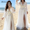 ZapDress Embroidery Flower V-Neck Puff Sleeve Wedding Dress Chiffon Floor-length A-line Evening Gown Customized