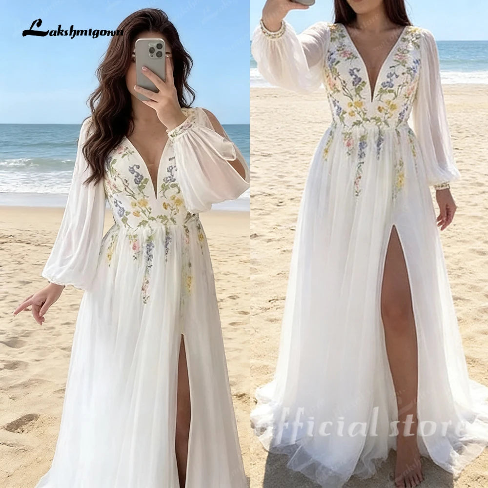 ZapDress Embroidery Flower V-Neck Puff Sleeve Wedding Dress Chiffon Floor-length A-line Evening Gown Customized
