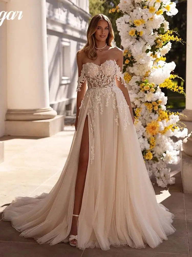 Luxury Brides Dress 2025 Sweetheart Off Shoulder High Slit Corset Wedding Dresses Lace Appliques Boho Bridal Gown Customized