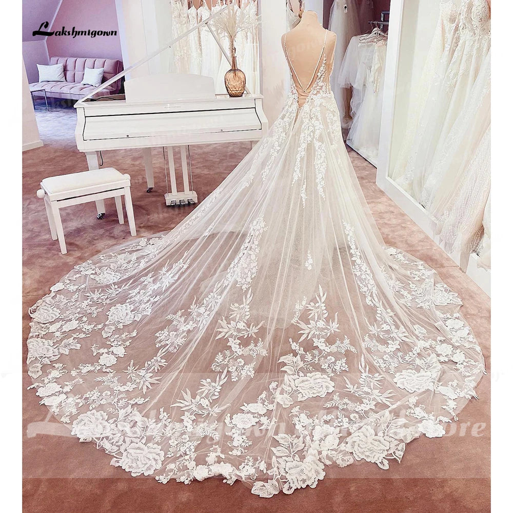 ZapDress Lace Wedding Dresses V Neck Appliqued Bridal Gowns Vestido de novia Court Train Boho Wedding Gowns Customized