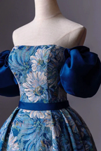 Blue floral off-shoulder dress with puff sleeves on mannequin, ZAPDRESS fashion