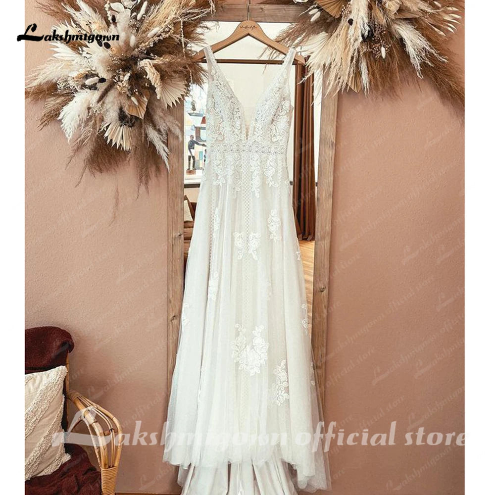 ZapDress Boho Lace Applique Elegant Plunging V Modest Wedding Dress Women Beach Robe De Mariage Bride Gowns