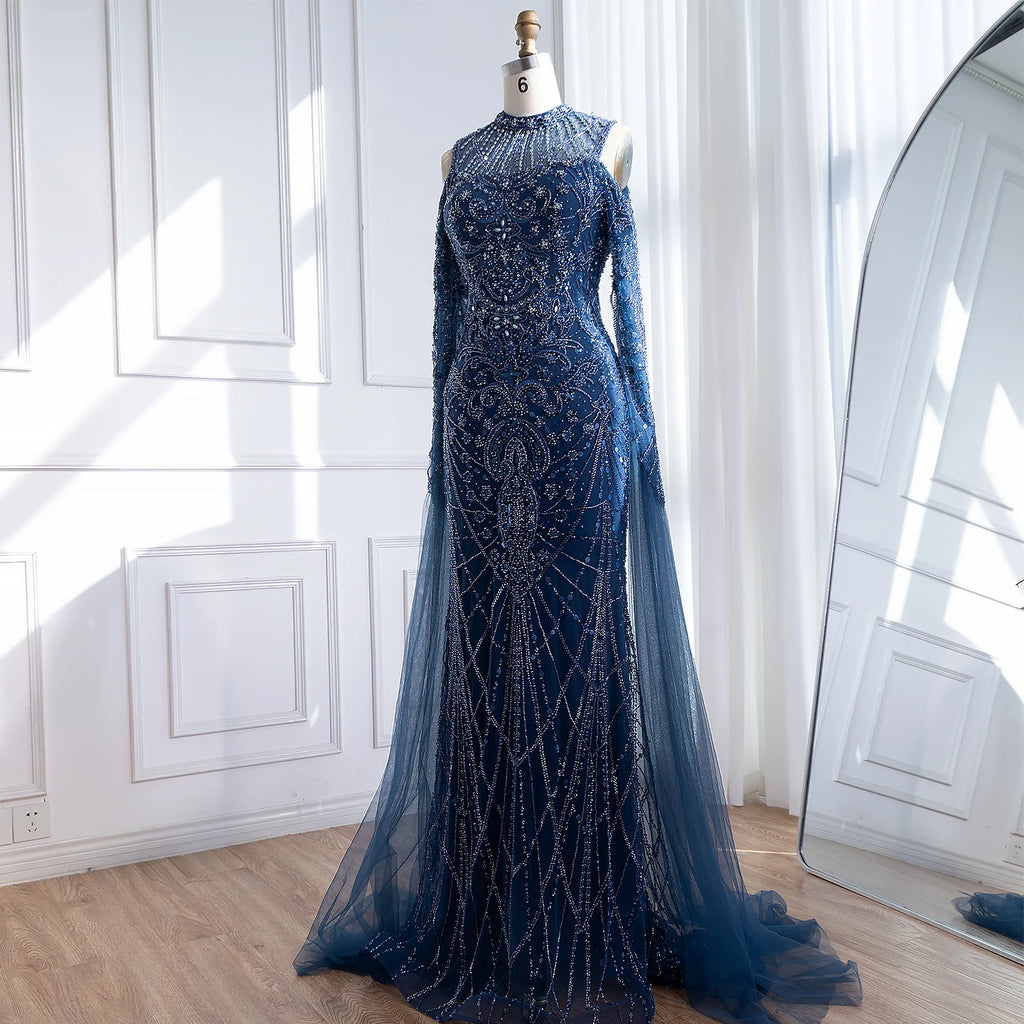 Zapdress Navy Blue O-neck Cold Shoulder Mermaid Beaded Evening Dress Party Gowns with Cape Sleeves Customized (ZD17373)