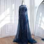 Zapdress Navy Blue O-neck Cold Shoulder Mermaid Beaded Evening Dress Party Gowns with Cape Sleeves Customized (ZD17373)