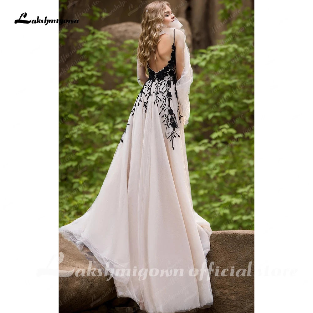 ZapDress Lace Black and Ivory Wedding Dress Country Beach Straps V-Neck Open Back Appliques Bridal Gown Customized
