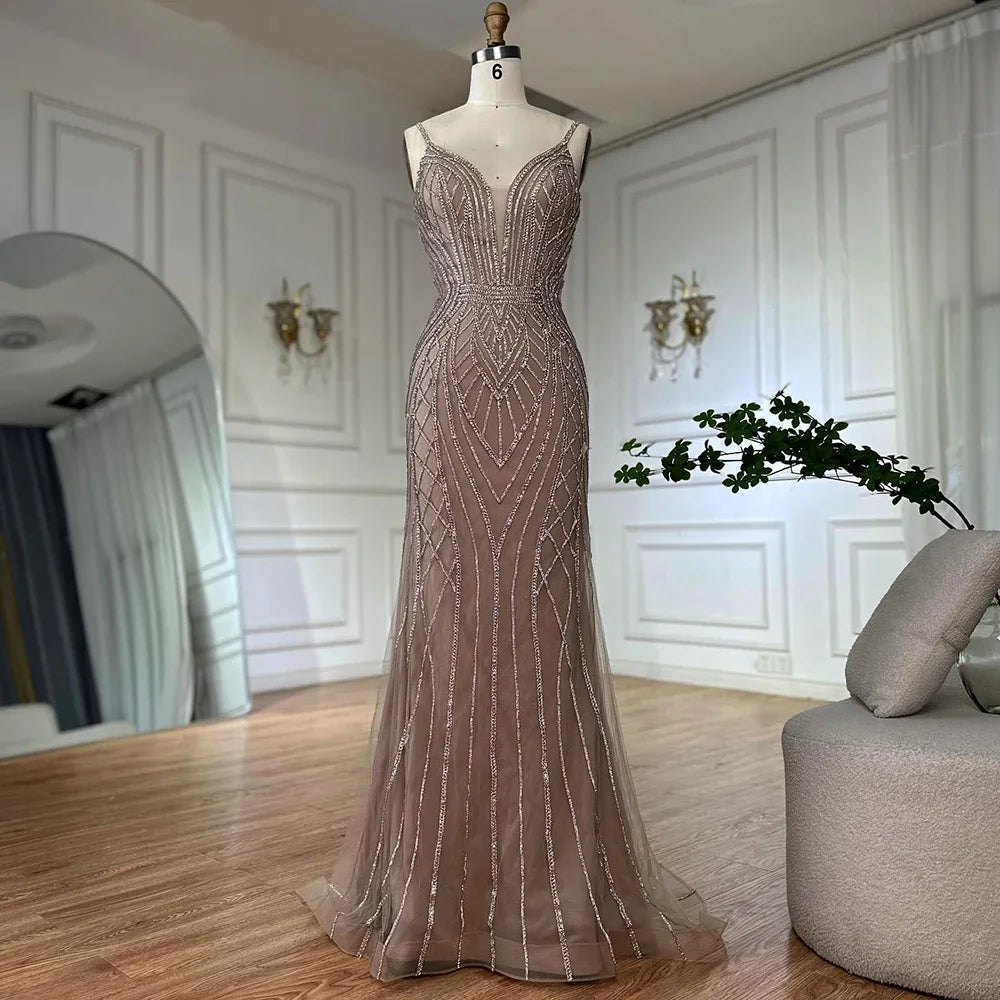 Zapdress 2025 Customized Dubai Caramel Mermaid Arabic Evening Dresses with Beaded Cape Sleeves for Party (ZD17351)
