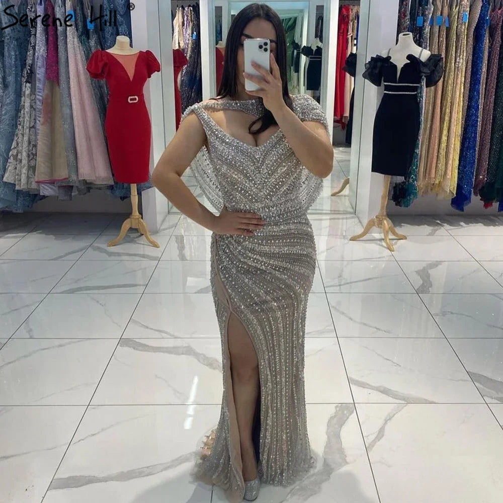 Zapdress Customized Silver Nude Beaded Mermaid Evening Dresses 2025 Elegant Party Gowns For Women Wedding (ZD17383)