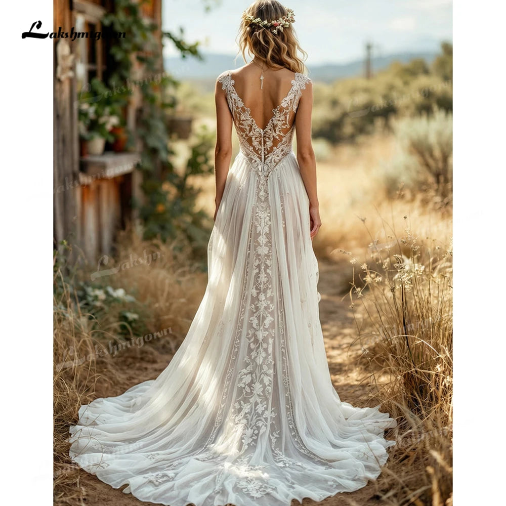 Romantic Cap Sleeve Boho Wedding Dress V Neck A Line Bridal Gowns Lace Applique Wedding Gowns Vestido De Novia Customized